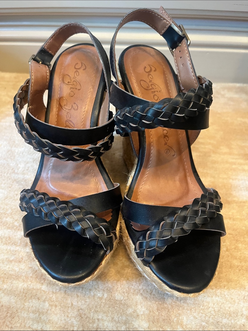 BED|STU Black Braided Leather Espadrille Wedge Sandals